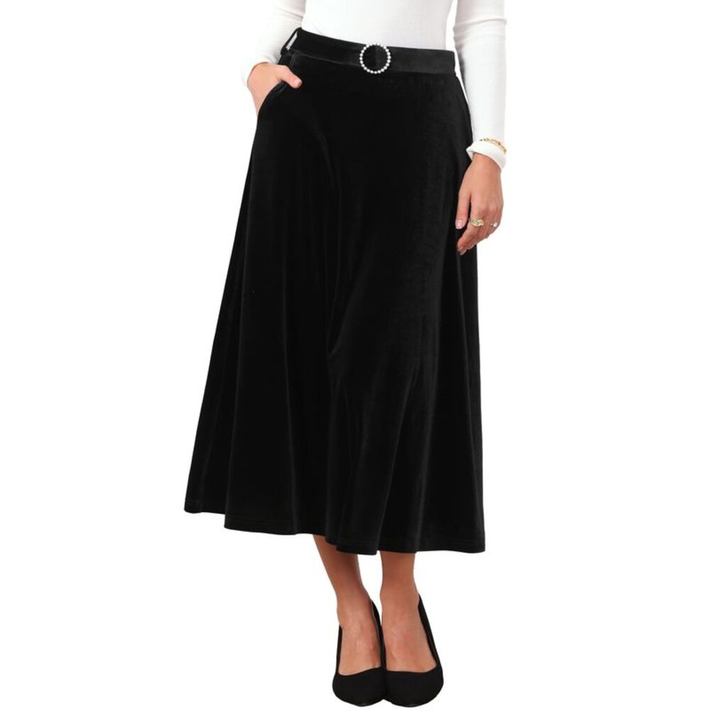 Women's Velvet High Waist with Belt A-Line Formal Long Skirt Black